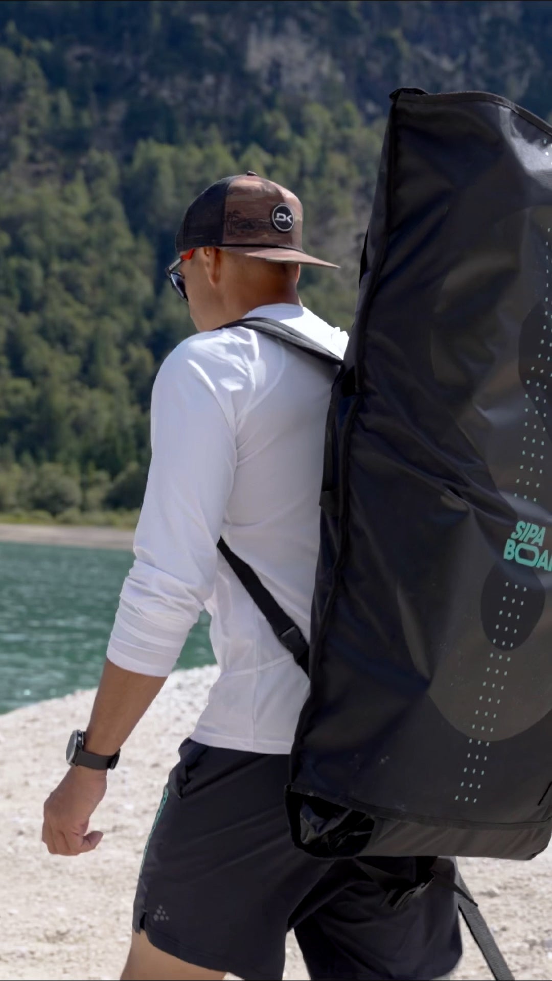 Rider on electric paddleboard on Montana lake – eSUP session booking at MontanaBoardingSchool.com. Rent from MTBoarders.com or buy from E-Boarders.com