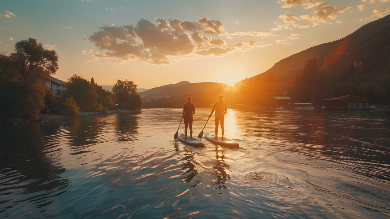 Rider on electric paddleboard with instructor on Montana lake – eSUP session booking at MontanaBoardingSchool.com. Rent from MTBoarders.com or buy from E-Boarders.com