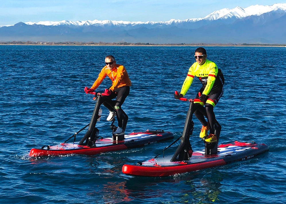 Book a surf-cycle water bike lesson or session for 1 to 8 water bike inflatable paddleboards and get discounts on full day or weekly rental rates from our partners at MTBoarders.com. Book right here on MontanaBoardingSchool.com. Want purchase one of your own? Buy now from our sister store at e-boarders.com